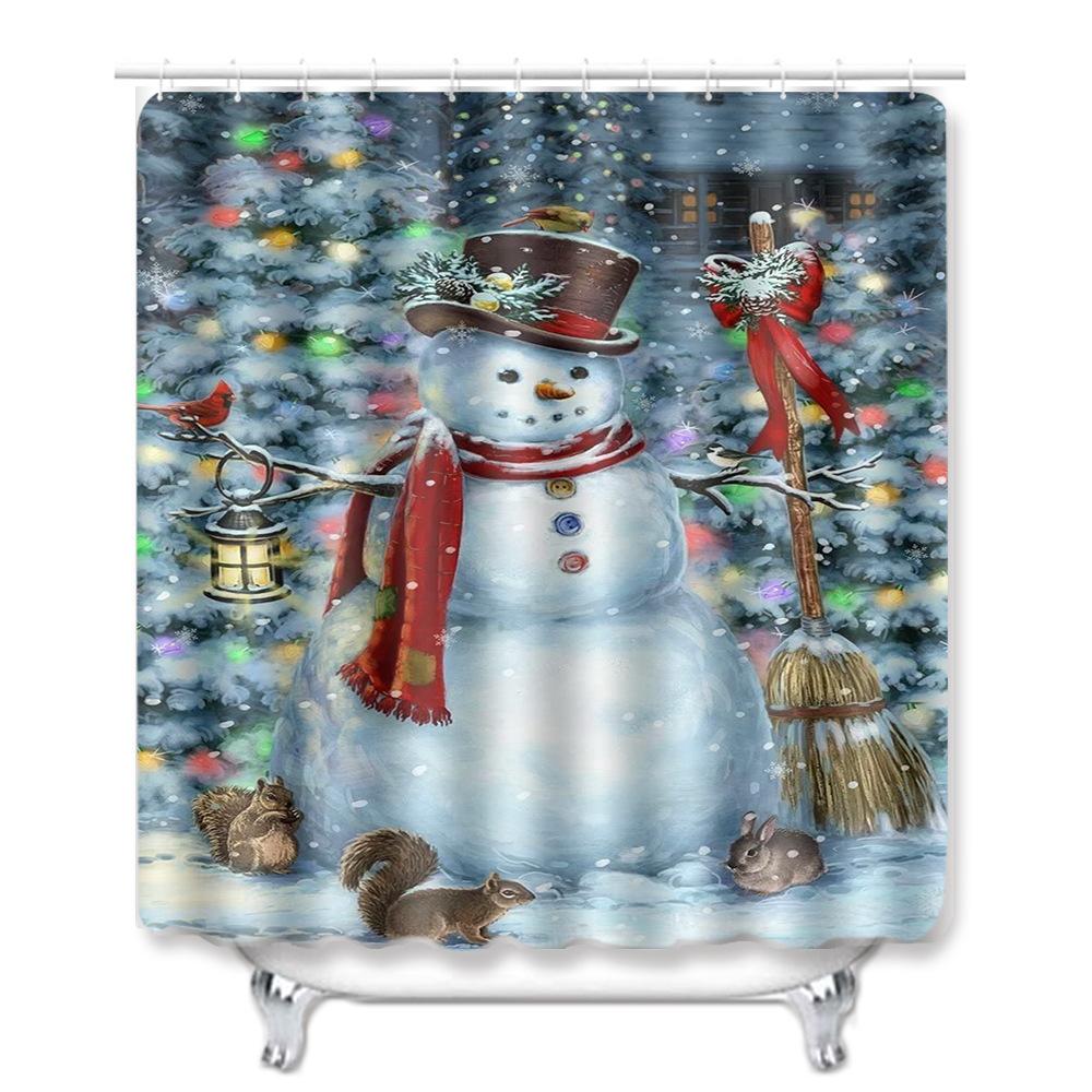 Christmas Shower Curtain Floor Mat Combination Four-Piece Set Bathroom Toilet Carpet Shower Room Mat Foot Mat