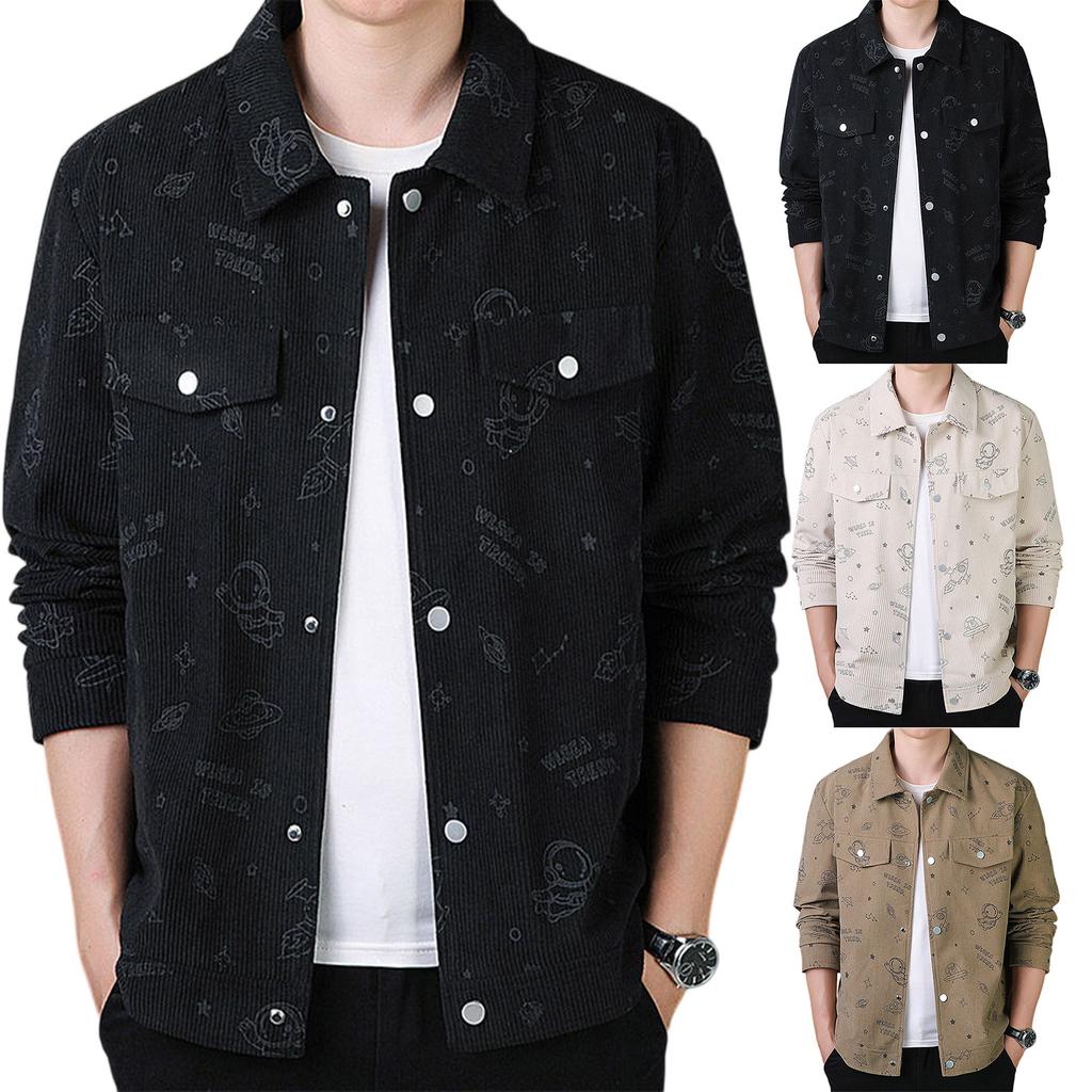 Men's Corduroy Lapel Space Print Jacket Casual Comfortable Mature Style Coat