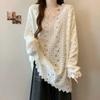 Spring Korean Style Age Reducing Versatile Hollow Out Long Sleeved Top, Loose and Slimming Lace Patchwork T-shirt for Women