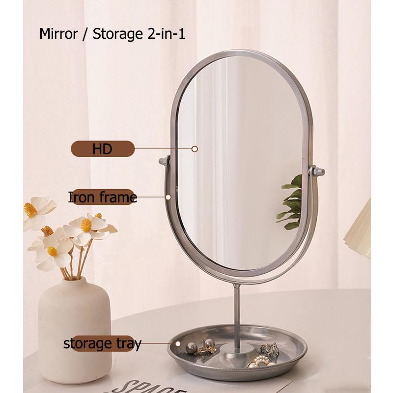 New Desktop Makeup Mirror Household Bedroom Vanity Mirror Iron Frame Oval Cosmetic Mirrors Two Style Flat Base and Storage Base