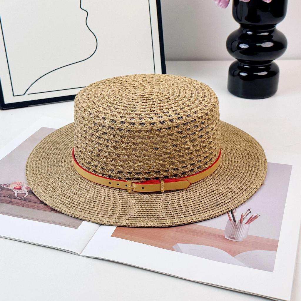 French flat-top straw hat women's high-end hollow belt fashion sunshade sunscreen large brim straw hat seaside beach hat