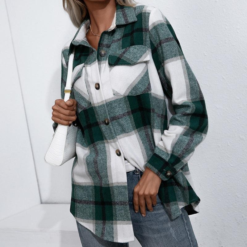 Women Fall Winter Casual Plaid Thick Shirt Cardigan Top Turn-down Collar Single Breasted