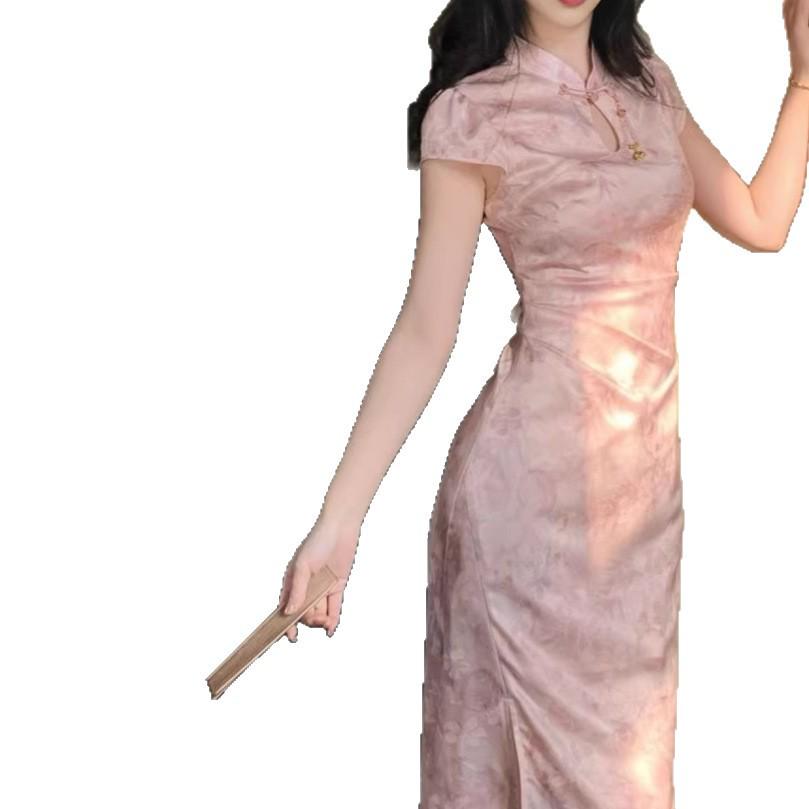Elegant Satin Jacquard Qipao Dress with Stand Collar and Waist-Cinching Design for Early Summer