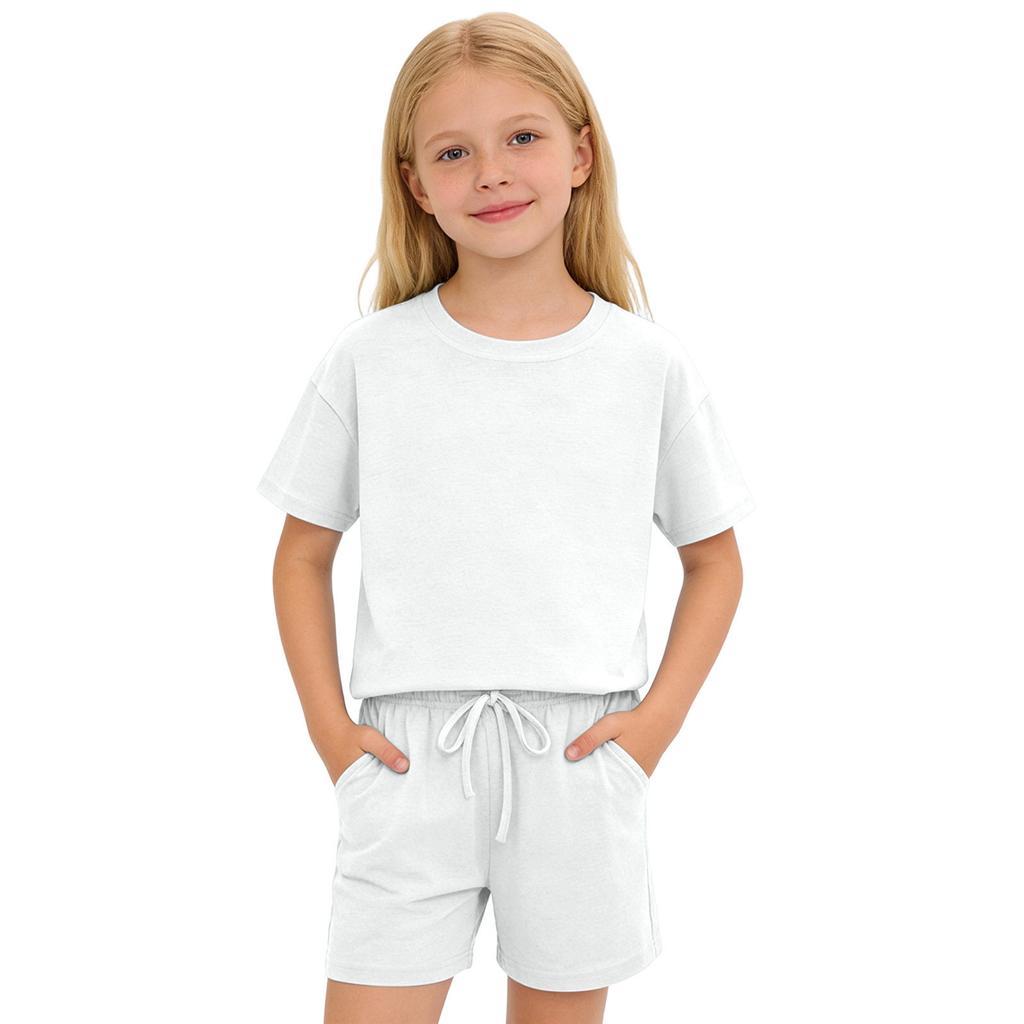 Kids Solid Color Shorts Set Drawstring Waist Pockets Crew Neck T-Shirt Casual Summer Outfit for Boys and Girls