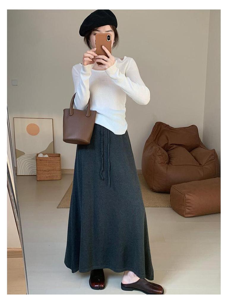 Korean Style High Waist Knitted A-Line Midi Skirt for Women