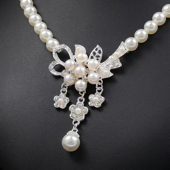 1 Set Wedding Faux Pearl Jewelry Women Flower Necklace And Earrings Elegant White