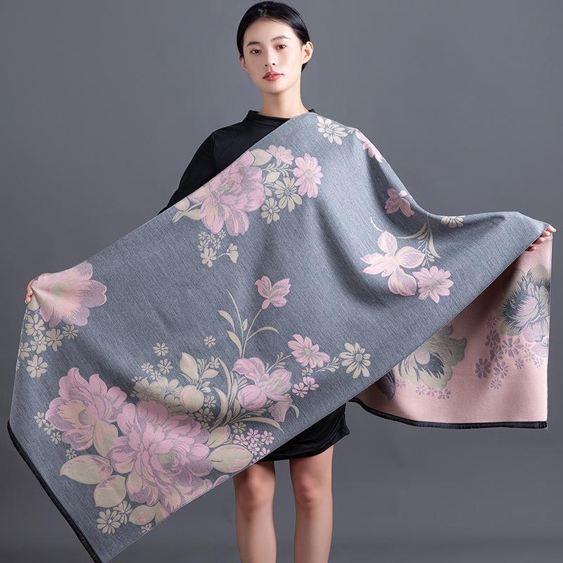 Women S Warm Faux Cashmere Flower Jacquard Scarf Versatile Shawl