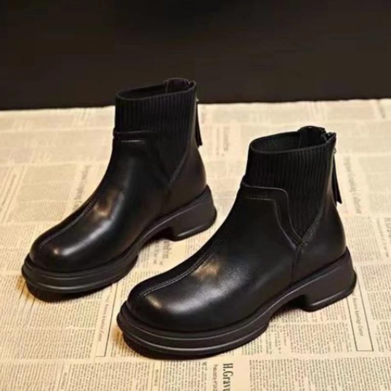 2025 Black Women Shoes Short Boots Women Genuine Leather Splicing Round Toe Slip-On Boots Woman Comfy Flat Chelsea Boots Woman