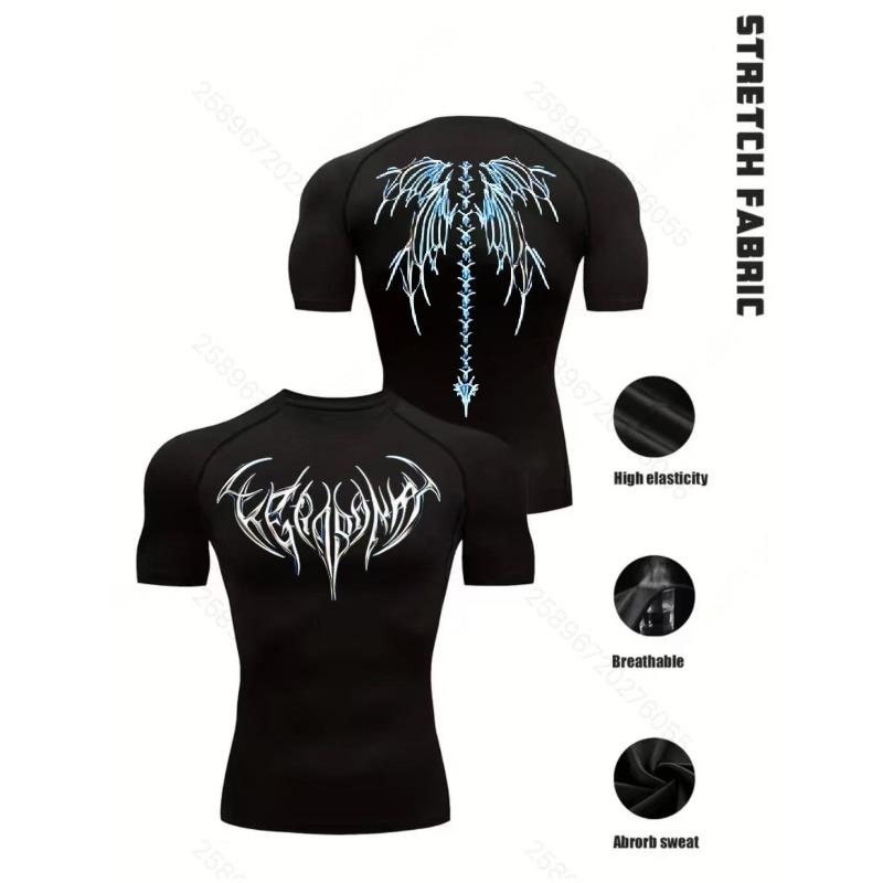 Mens Compression Short Sleeve T-Shirt Front And Back Print Neon Green Tribal Graphic Stretch Fabric High Elasticity Gym And MMA Athletic Top