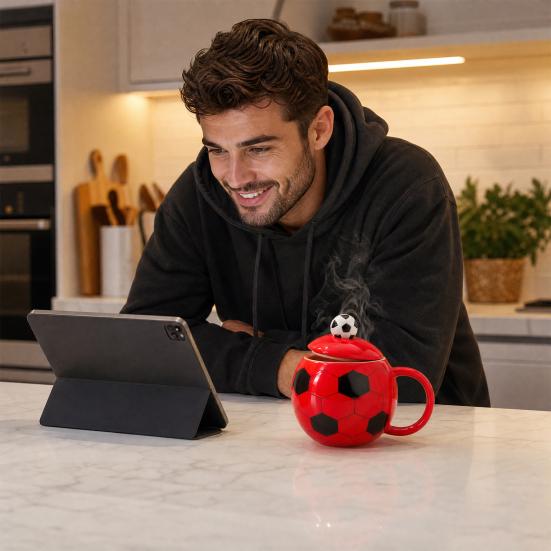 Soccer Ceramic Mug, 400ml Football Shaped Cup with Lid, Black White Hexagon Sports Drinkware for Home Office, Fan Gifts