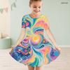 Girls Round Neck Short Sleeve Colorful Swirl Printed A Line Flared Dress