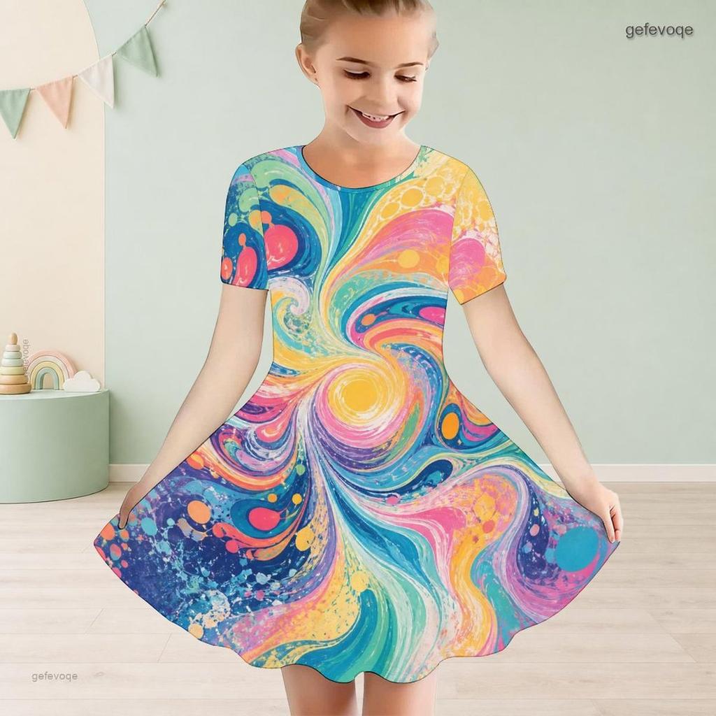 Girls Round Neck Short Sleeve Colorful Swirl Printed A Line Flared Dress