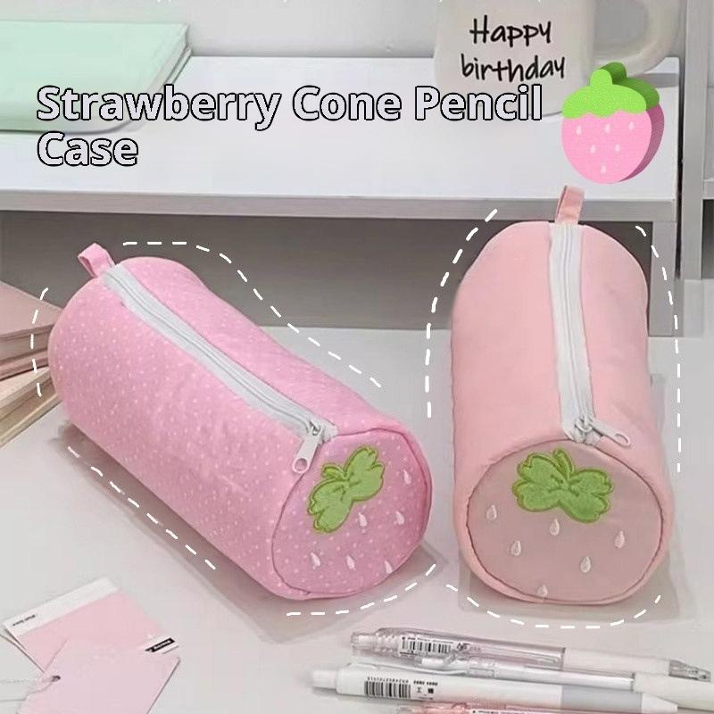 Cute Cream Strawberry Polka Dot Pink Pencil Case Student Stationery Storage Bag For Back To School Pen Supplies Gift