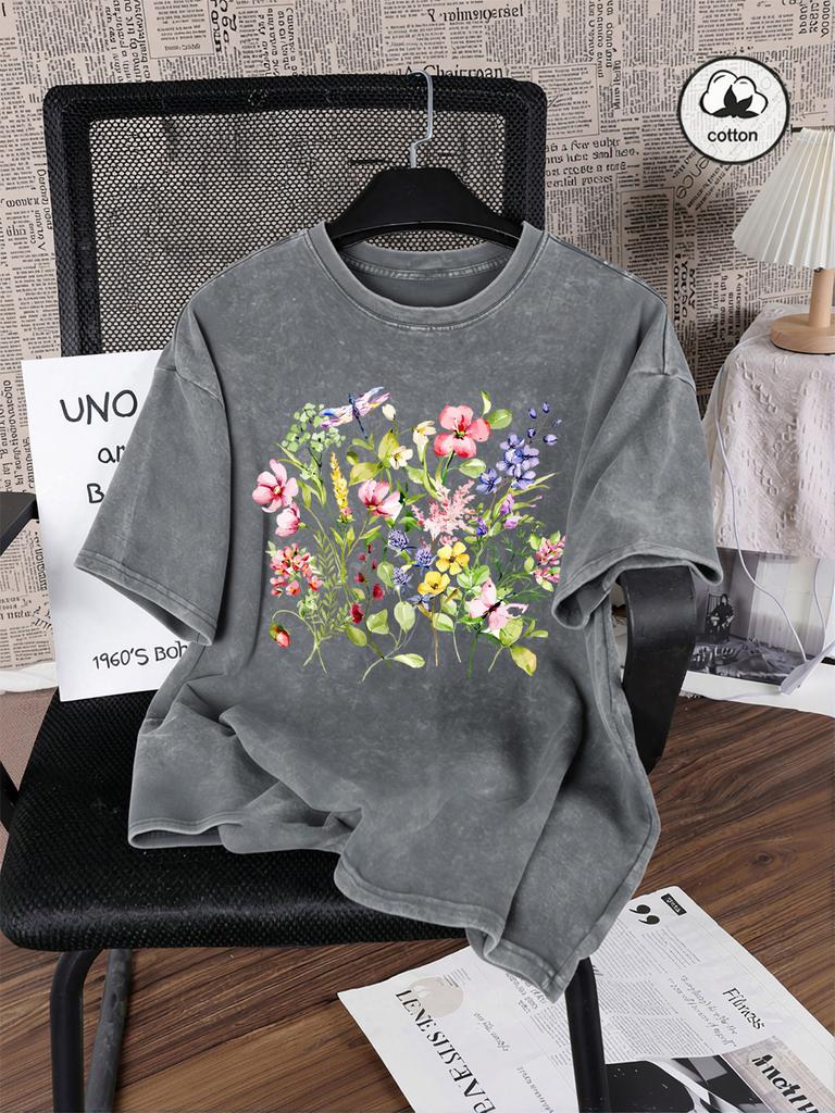 Beautiful Flowers Dragonflies Print Washed TShirts Womens Cotton Oversize T Shirt Summer Short Sleeve Tops Basic ONeck Clothes