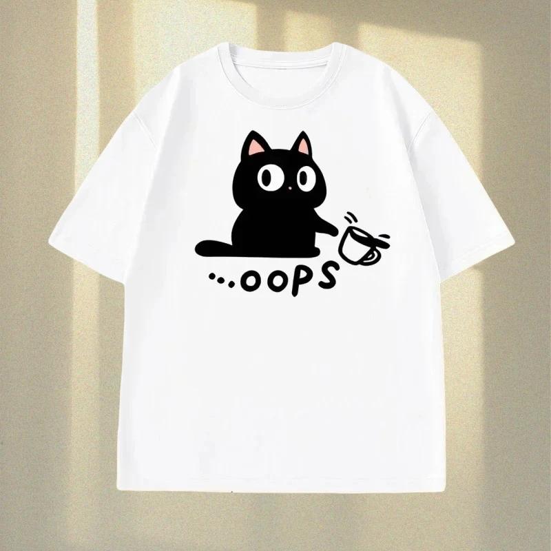 Camiseta divertida con estampado de gato negro Meow Meow para mujer ropa informal de calle con cuello redondo camiseta