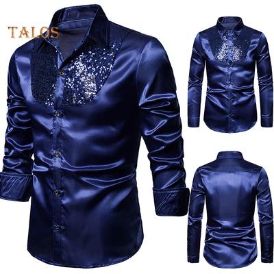 Camicia da uomo da uomo in tinta unita a maniche lunghe con paillettes lucide e bottoni