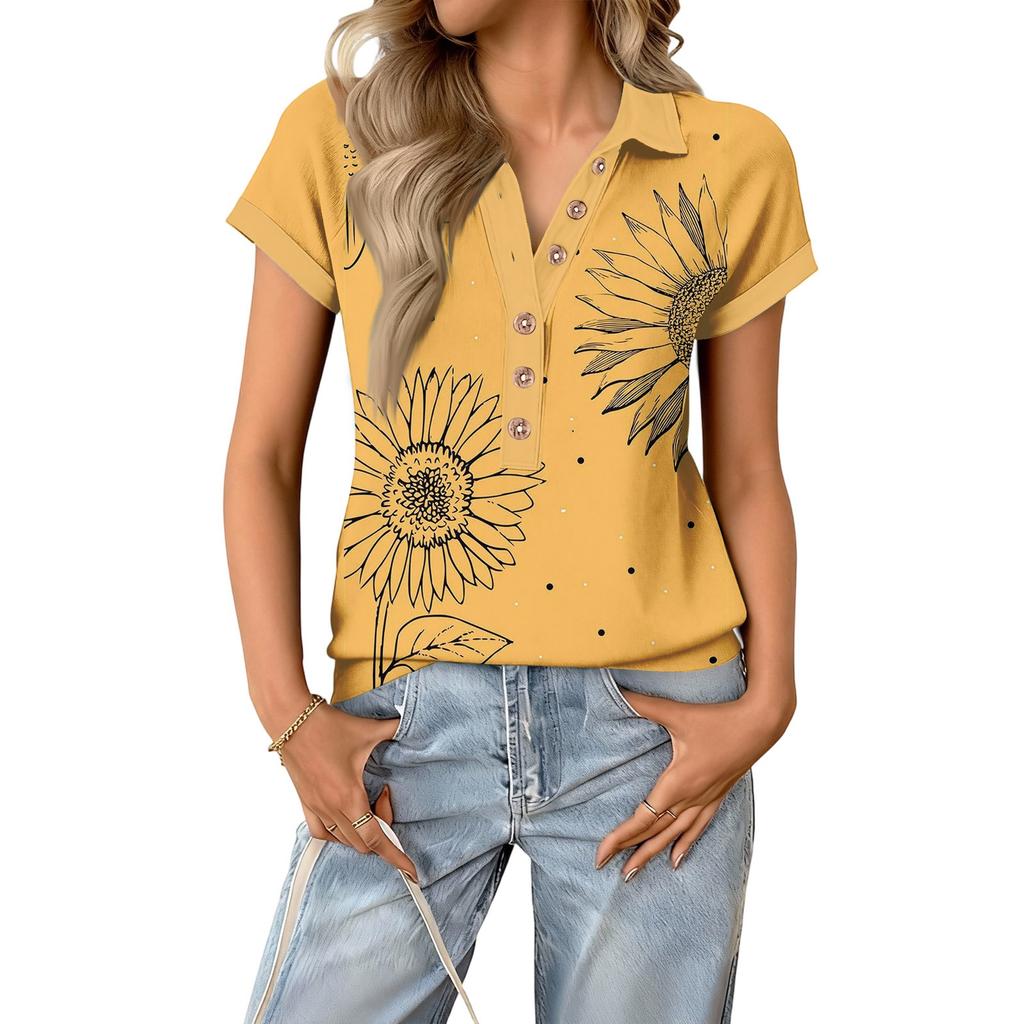 Damen modisches und lässiges Sommer V-Ausschnitt Patchwork Kurzarm Top mit floralem Druck