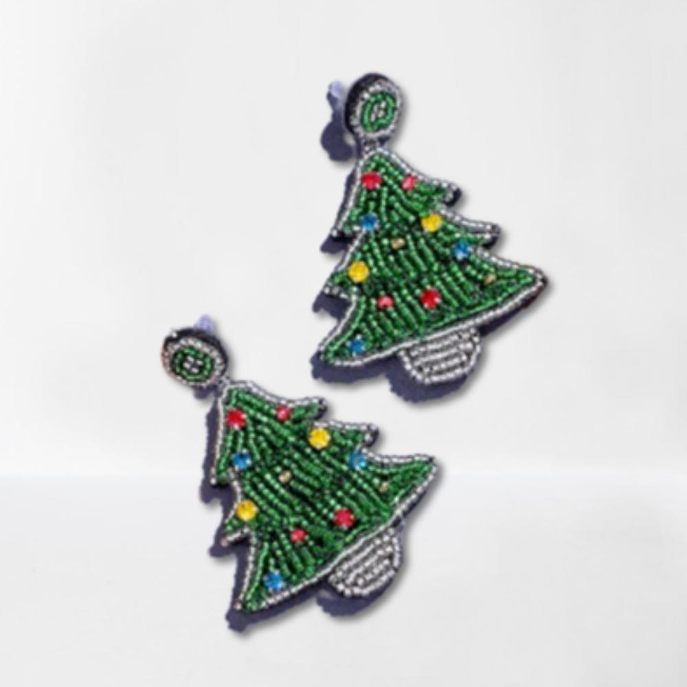 Green Handmade Beaded Ear Drop Bright Rhinestone Christmas Tree Stud Earrings  Girls