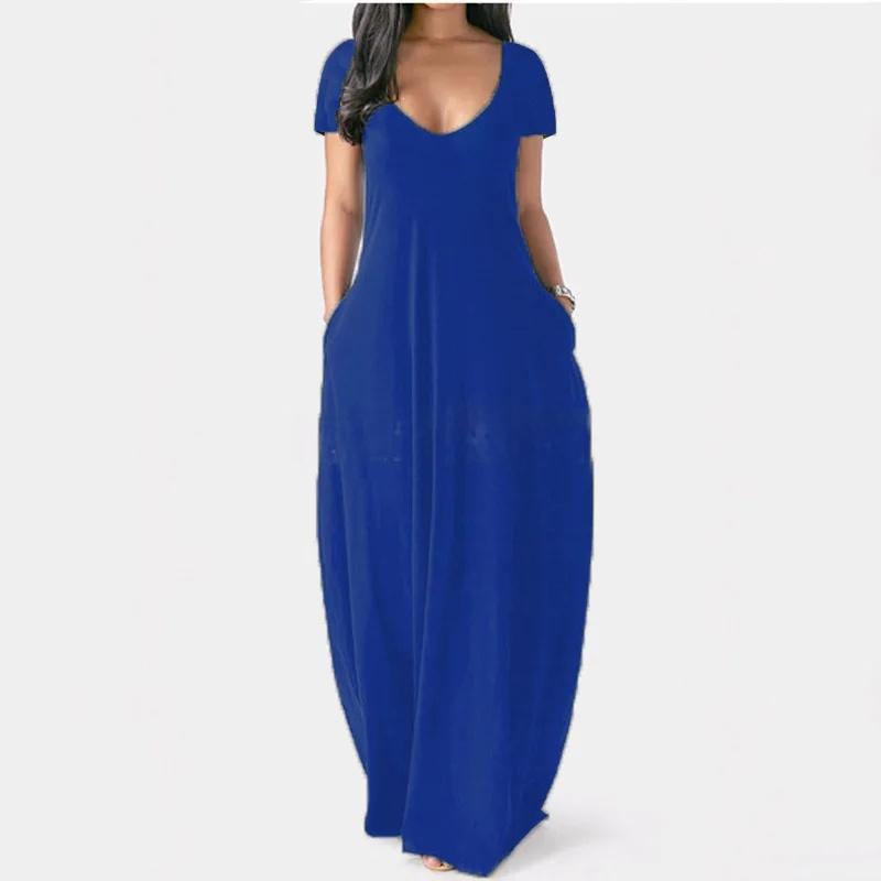 Sommer Sexy Reine Farbe V-Ausschnitt Kurzarm Langes Kleid Damen Übergröße Kleidung Grenzüberschreitende Mode Elegantes Maxikleid