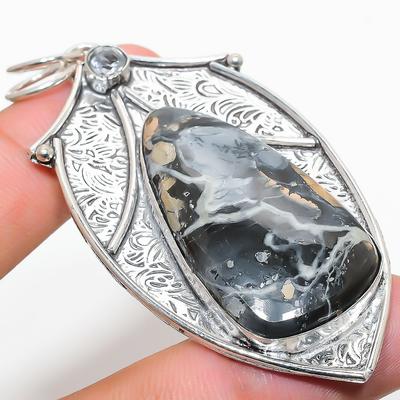 Natural Maligano Jasper, White Topaz 925 Sterling Silver Pendant 2.84" N1L69