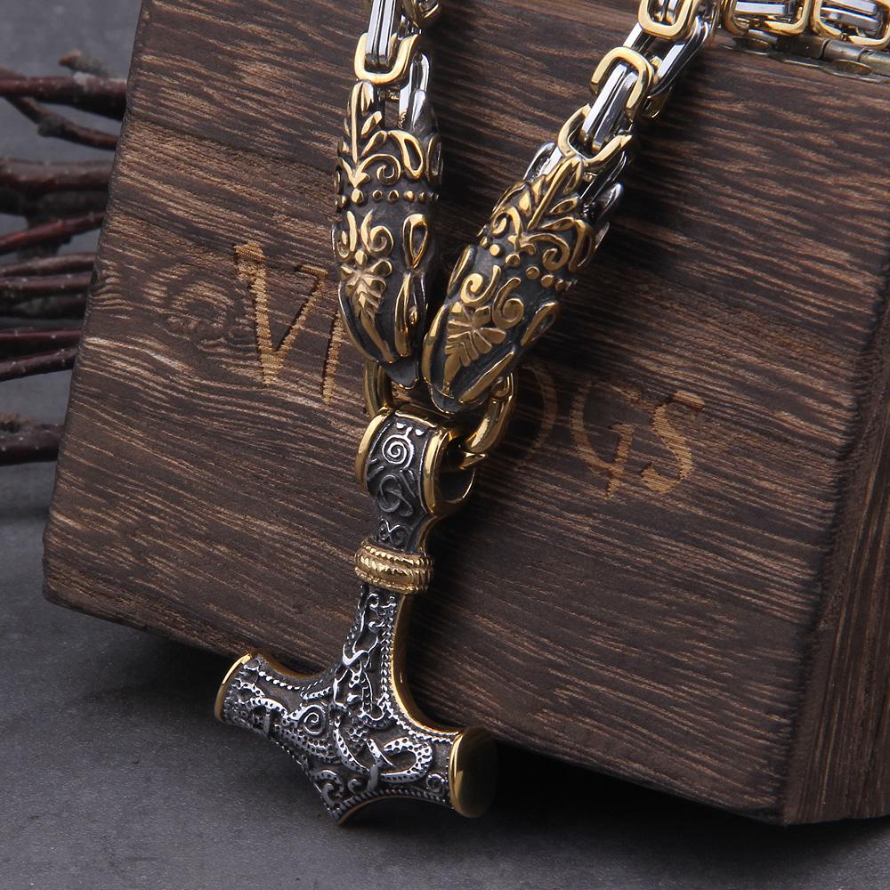 

Stainless Steel Viking Necklace Wolf Head Thor Hammer Pendant Norse Amulet Never Fade Mens Viking King Chain 50cm
