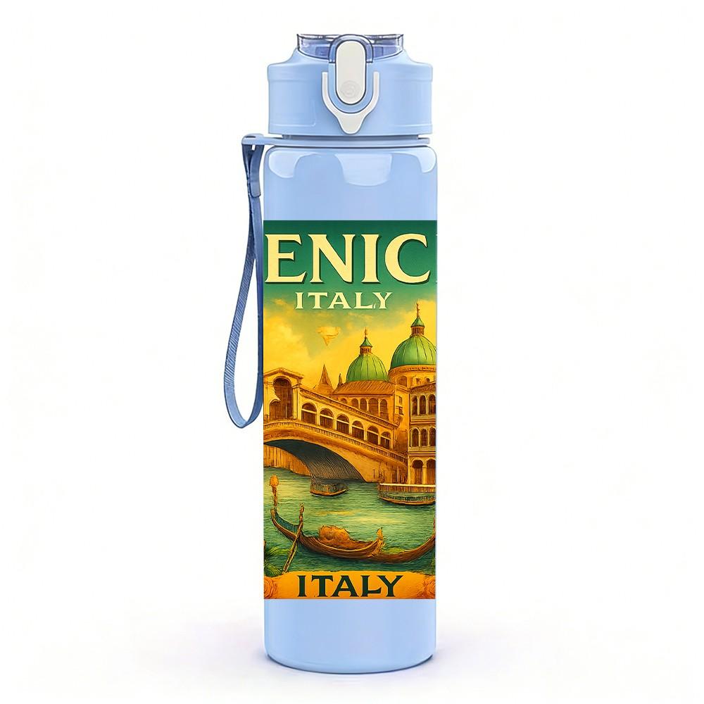 1PC Vintage Venice Travel Poster 750ml Color Plastic Sports Water Bottle Leakproof Flip Straw Lid For Sports Office Home Use