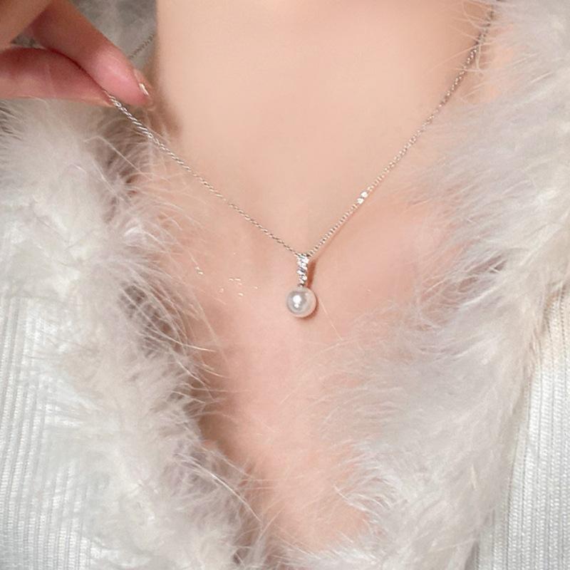 S925 Sterling Silver Pearl Necklace Fashion Temperament Zircon Pendant Light Luxury Simple High-end Sweater Chain