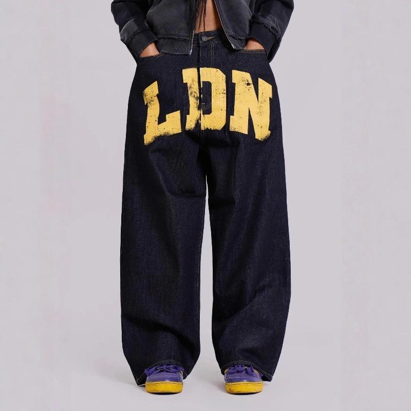 EastRogue Amerikaanse stijl Street Letter Bedrukte Jeans, Rechte pijp Trendy Merk Losse Denim Broek XXL zwart