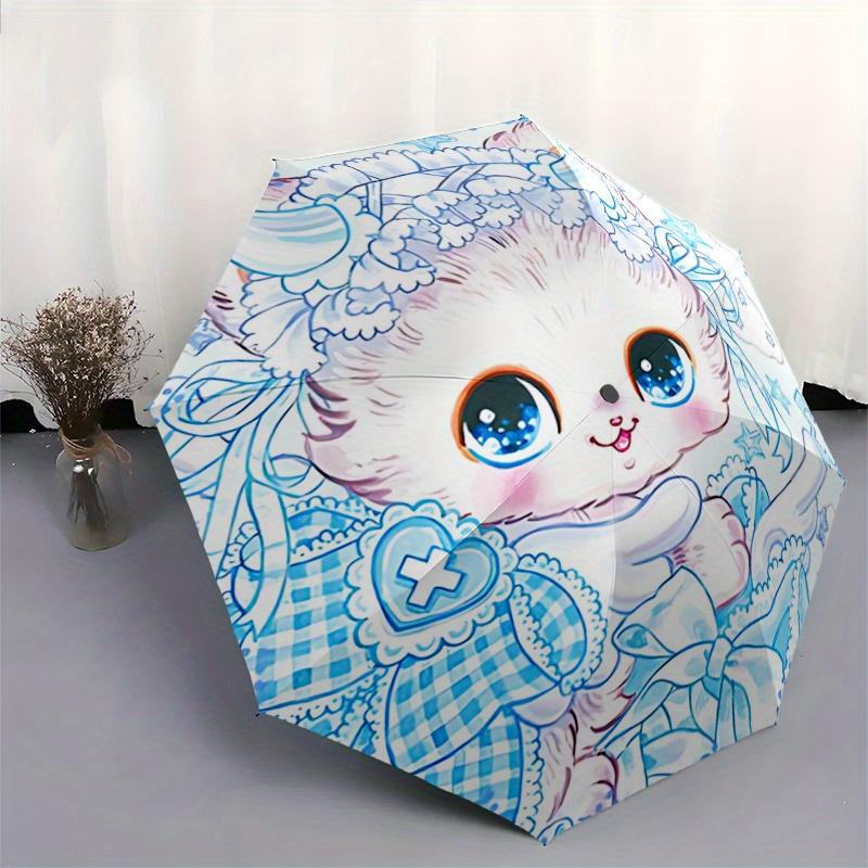1pc Blue Cute Cat Pattern Automatic 3-Fold Umbrella, 8 Iron Frames, High-Value Folding Umbrella, Suitable for Office, Travel and Outdoor Adv