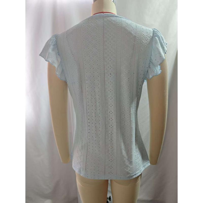 Womens V Neck Eyelet Embroidered Blouse With Short Flutter Sleeves Casual Button Down Top