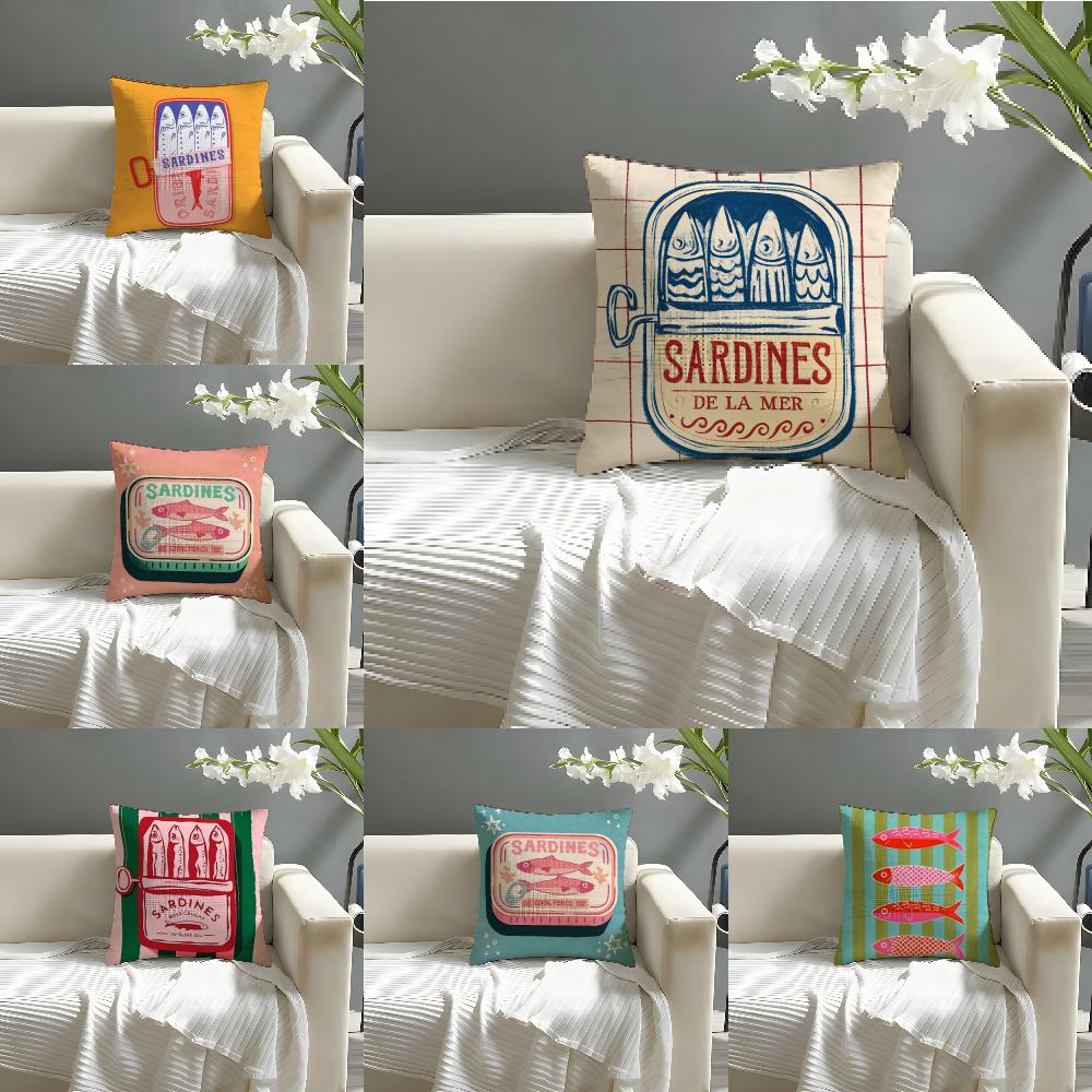 Cute Coastal Charm SardineS Pillow Case Natural Linen Organic Fabric Double-Sided Printing Sofa Home Decor Cushion Cover