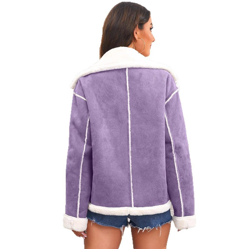 Women's Brown and White Contrast Faux Shearling Jacket with Gold Buttons