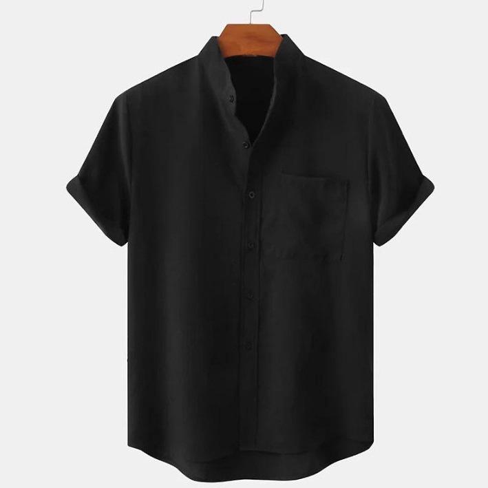 Men's Cotton and Linen Stand-up Collar Short-sleeved Solid Color Shirt Casual Cardigan Men's Shirt