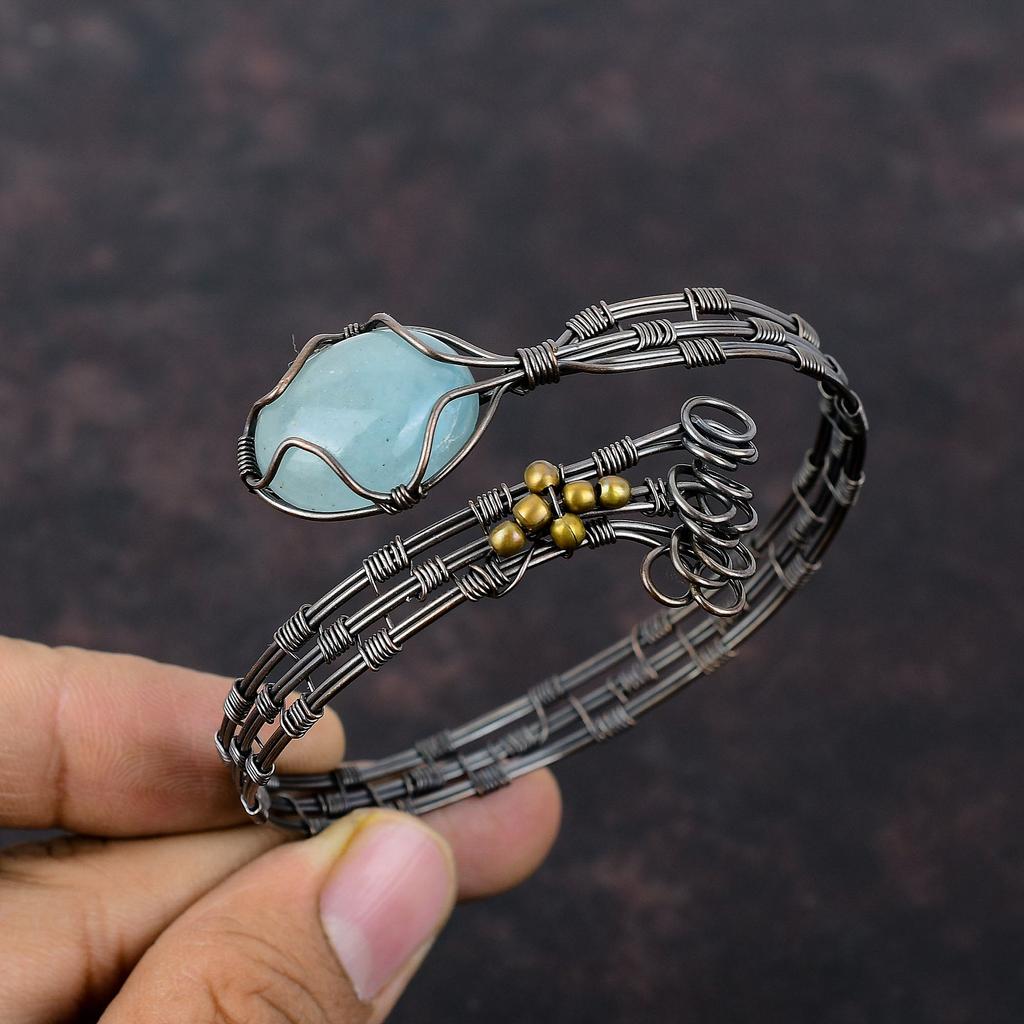Aquamarine Bangle Copper Wire Wrapped Adjustable Cuff Bracelet Handmade Gemstone Bangle Aquamarine Copper Jewelry Gift For Mom Wire Jewelry