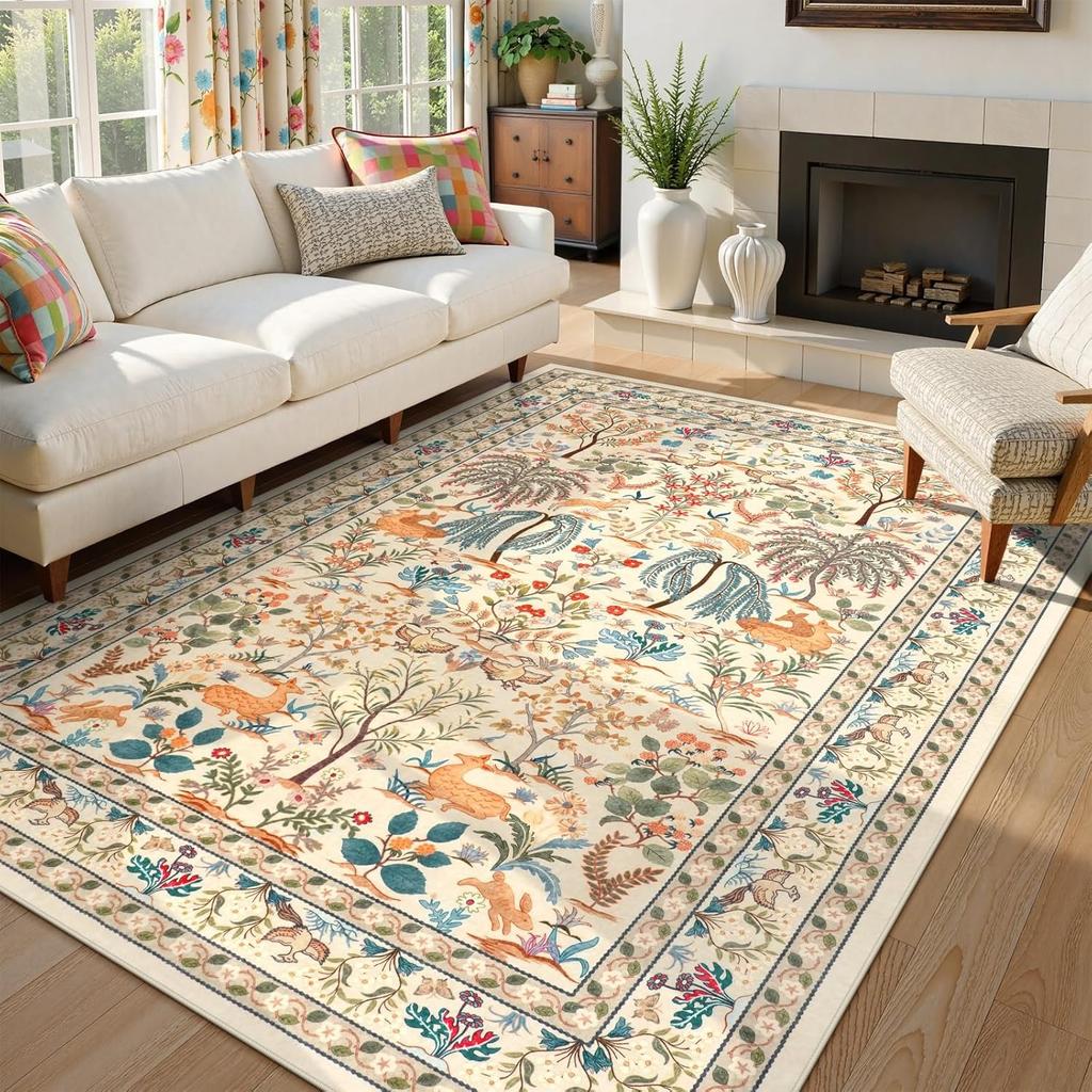 Black Rugs for Living Room Machine Washable Floor Mat Botanical Floral Birds Nature-Inspired Carpet Non-Slip Soft Home Decor