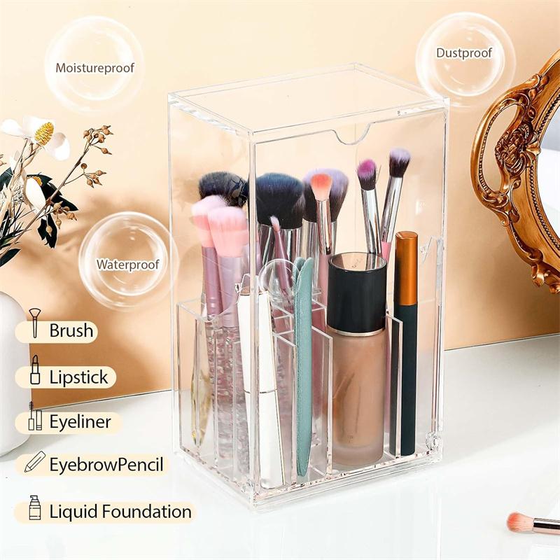 Acrylic Makeup Brush Holder with Slanted Flip-Top Lid Clear Dustproof 17-Slots Cosmetic Makeup Brushes Organizer Storage Box