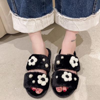 Mode 2024 Hiver Nouveaux Pantoufles d'Intérieur pour Femmes Couleur Unie Décorées de Fleurs et de Perles Fourrure Douce Coton
