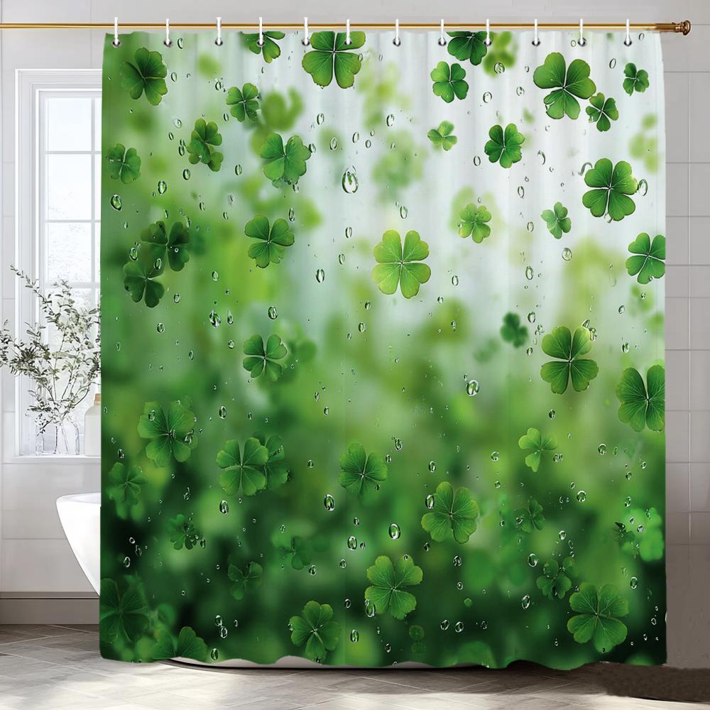 Green Leaves, Lucky Grass Clover Pattern Shower Curtain, Bathroom Decorative Shower Curtain, Home Curtain With Hooks