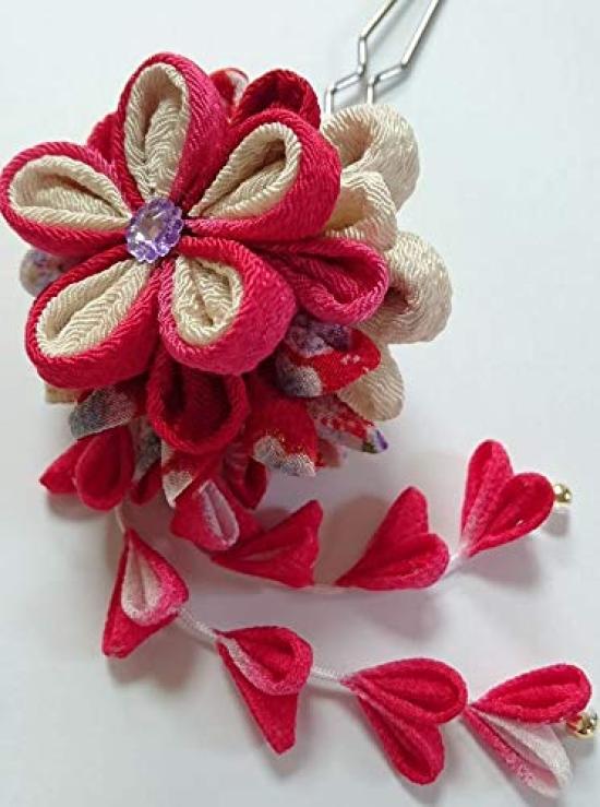 

Red flower safflower wisteria tsumami zaiku craft kit hairpin, two-flower hanging, чёрный