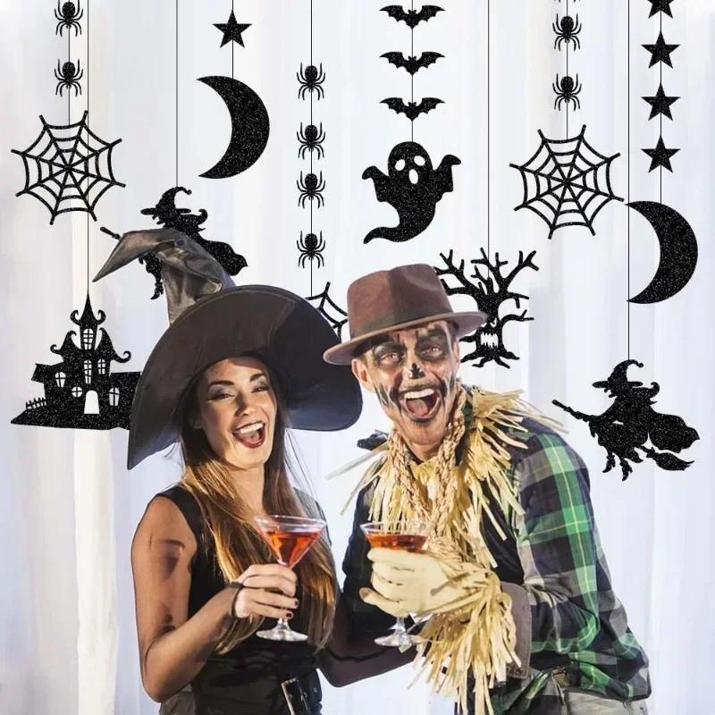 6pcs Halloween Hanging Banner Garland Scary Spider Witch Ghost Bat Pendant Ornament Happy Halloween Party Decorations for Home