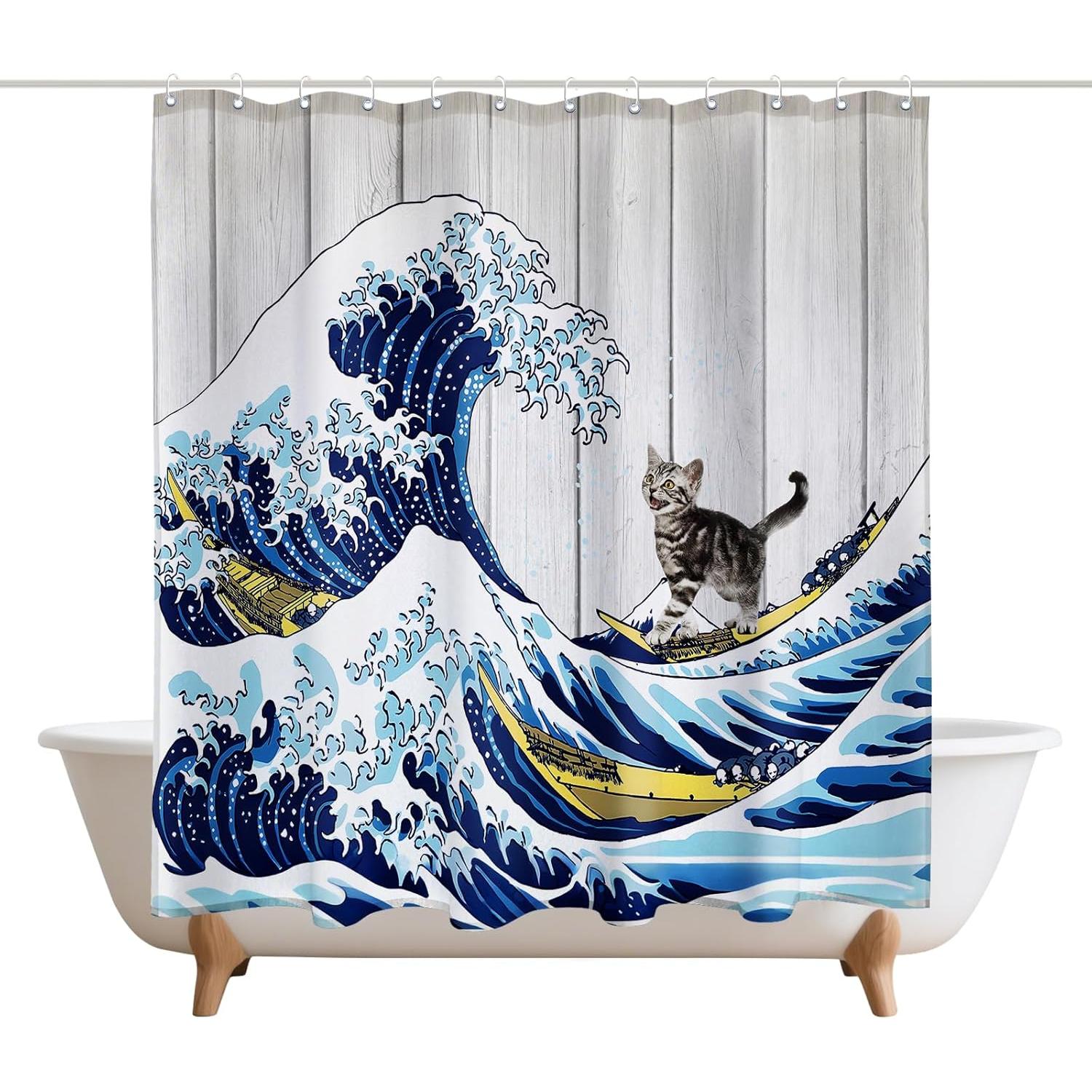 Big Japanese Wave Shower Curtains Cat Surfing Barn Door Decor Polyester Fabric Waterproof Bathroom Curtains Set with 12 Hooks 90x180cm