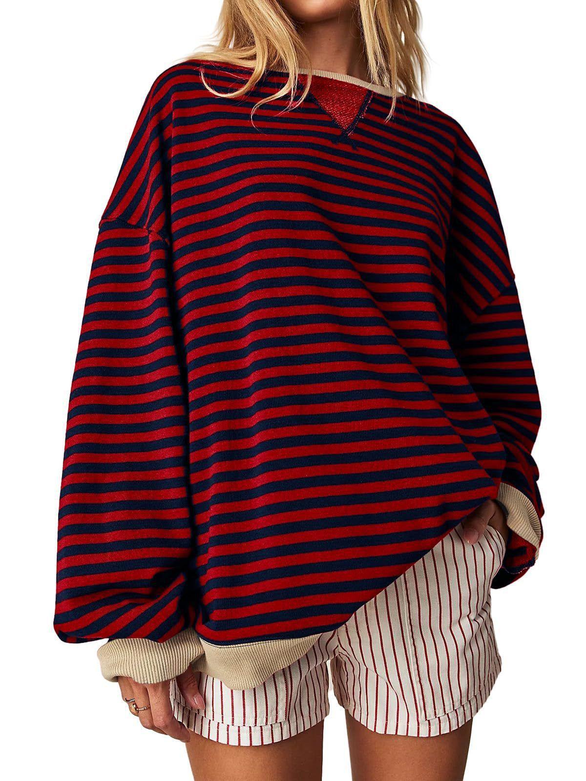 Women s Crew Neck Long Sleeve Sweatshirt Oversized Fit Striped Print Casual Loose Top Blouse S бордовый