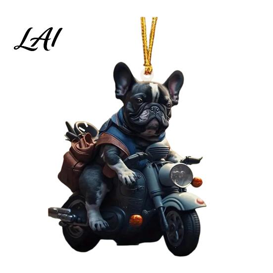 Acrylic Flat Pendant Puppy Riding Motorcycle Car Pendant 2D Rearview Winter Holiday Decor Mirror Hanging Charm Christmas Decoration Auto