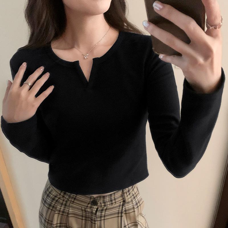 

Простая белая футболка с длинными рукавами для женщин, новый внутренний стиль, осенне-зимний топ Hot Girl Short Slim Fit с V-образным вырезом XL