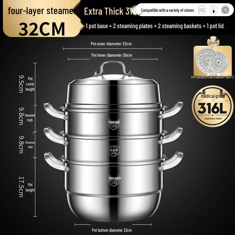 Tall and Thick 316 Stainless Steel Multi-Layer Steamer Pot with Integrated Molding and Food-Grade Steaming Basket