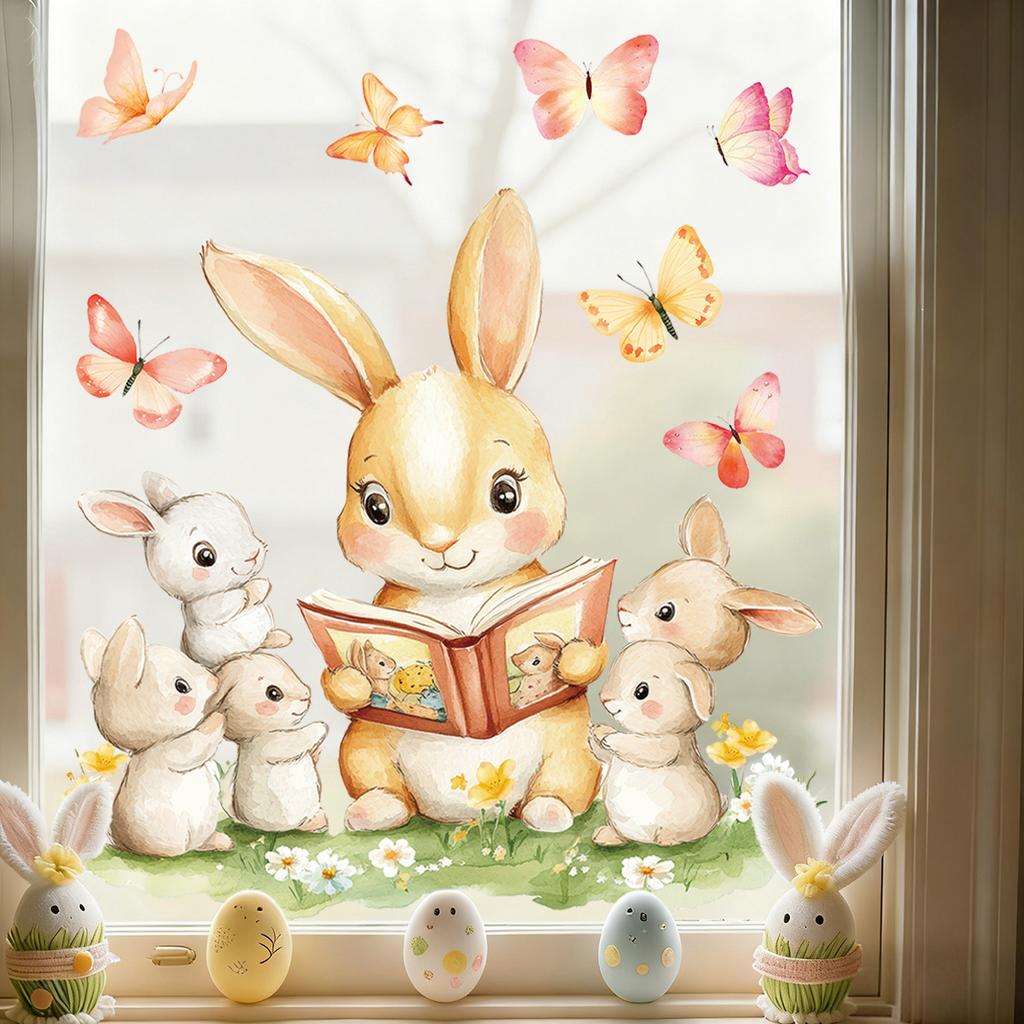 New 2026 Easter Bunny Static Cling Window Sticker for Glass Decoration Reading Companion