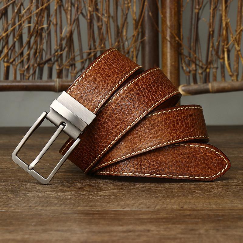 Belt Men's Retro Handmade Trendy Lychee Embossed First Layer Cowhide Leather Workwear Casual Pants Belt Men's