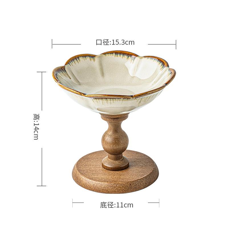 BRCeramic Bowl Floral High-sided Plate Wooden Fruit Plate Dessert Bowl Afternoon Tea Accessories Decorative Tray Kitchen OrganizerEY