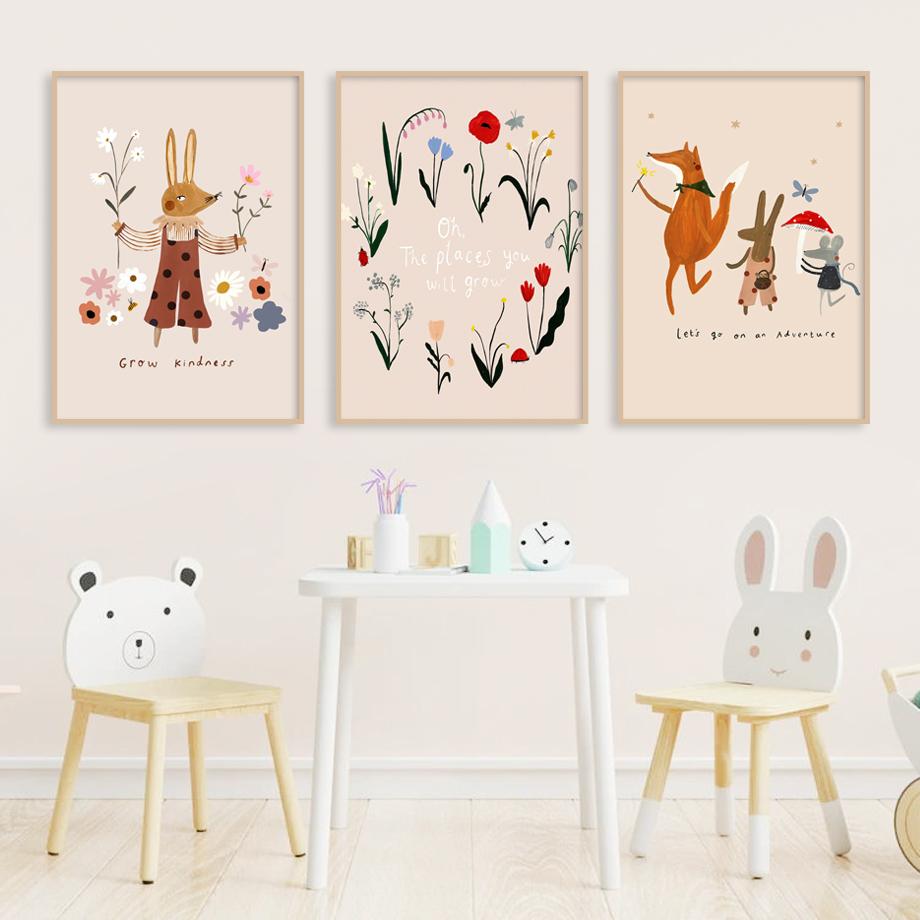 Dog Goose Rabbit Bear Fox Mouse Wildflower Cartoon Poster Wall Art Canvas Painting And Prints Wall Pictures Baby Kids Room Decor (with frame)