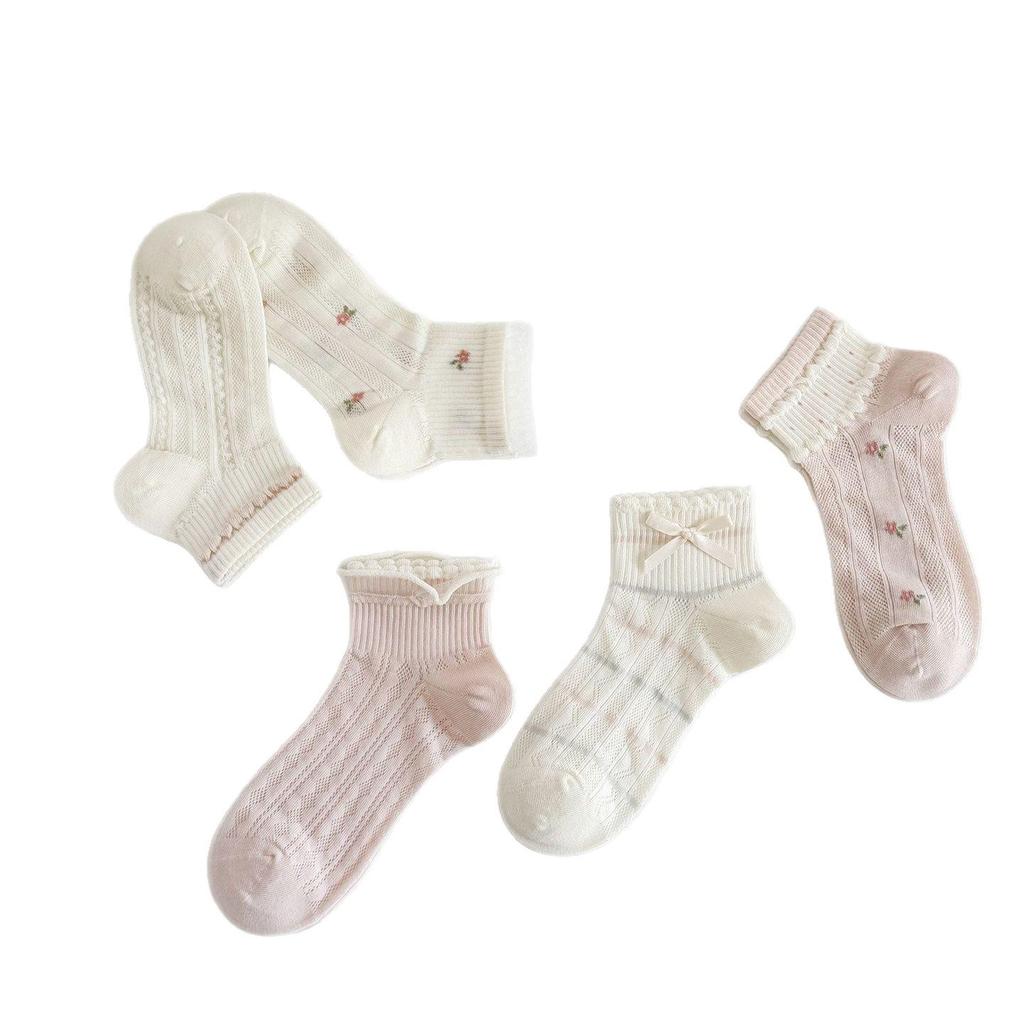 Girls' Korean-Style Lace Ankle Socks - Spring/Summer Mesh, Pink & White Series, Cotton for Students